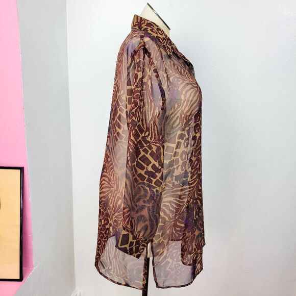 Vintage 90s Brown Animal Print Sheer Tunic Blouse - Picture 3 of 8